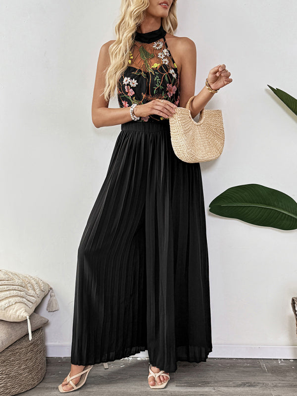Women’s Elegant Sleeveless Floral Lace Embroidered Wide Leg Jumpsuit
