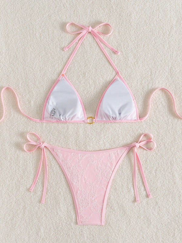 Women’s Feminine Pink & White Lace Halter Bikini
