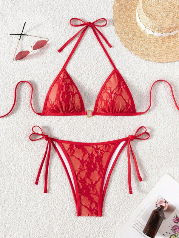 Women’s Sexy Bold Red Lace Halter Bikini
