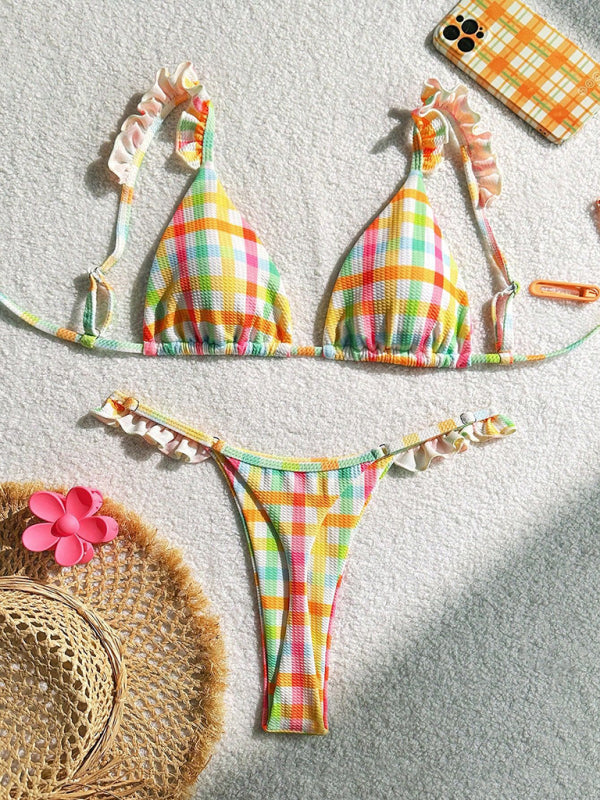 Women’s Stylish Pastel Checked Thong Bikini