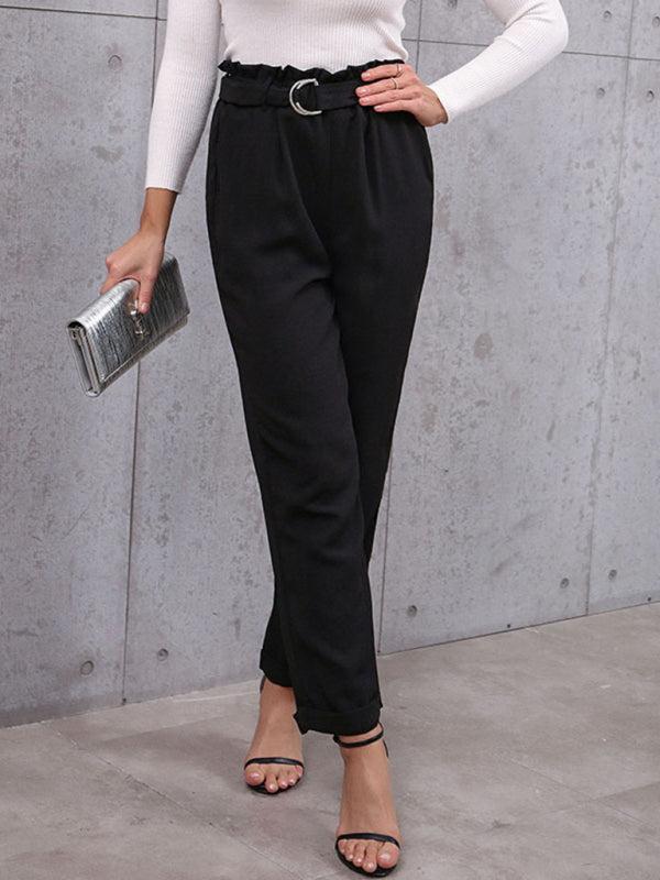 Women's Black Paper Bag Waist Turn Up Straight Leg Trousers With Belt