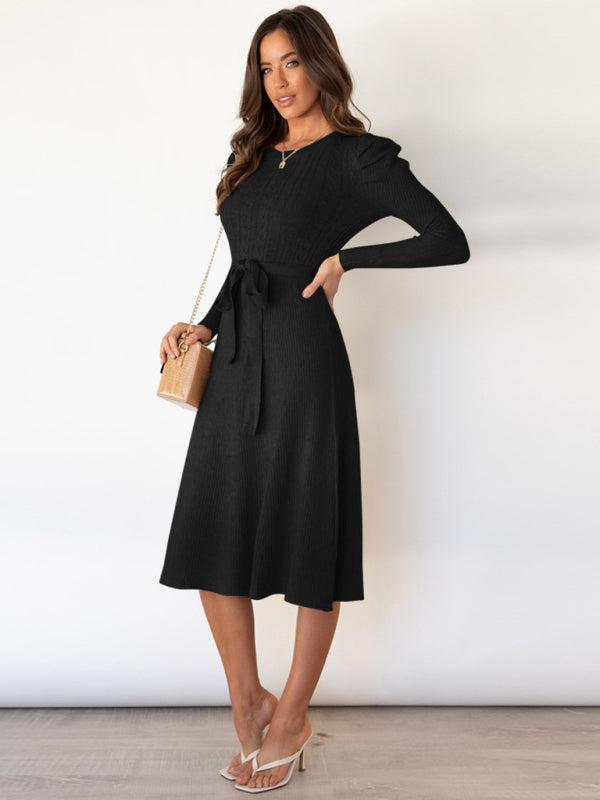 Women's Cable Knit A-Line Dress With Ruffle Sleeve Detail And Belt