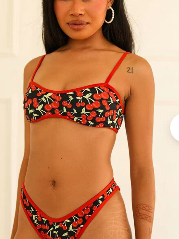 High-leg retro bikini set – cherry pattern and red accents