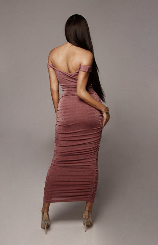 Women's Elegant Off The Shoulder Long Length Ruched Dress