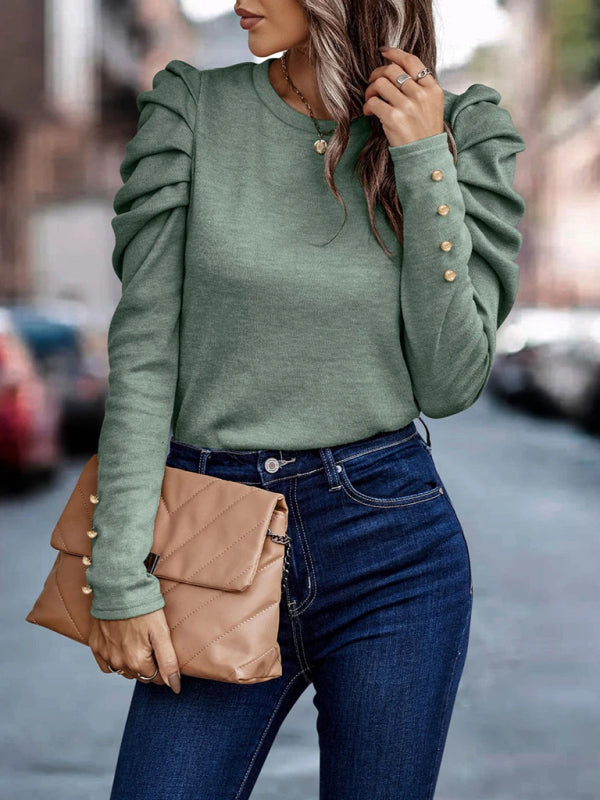 Women's Fitted Round Neck Top With Long Ruffle Sleeves