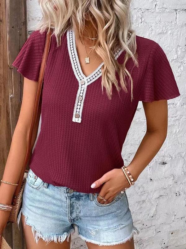 Women's Flutter Sleeve Waffle Knit Lace Trim Button Up Top
