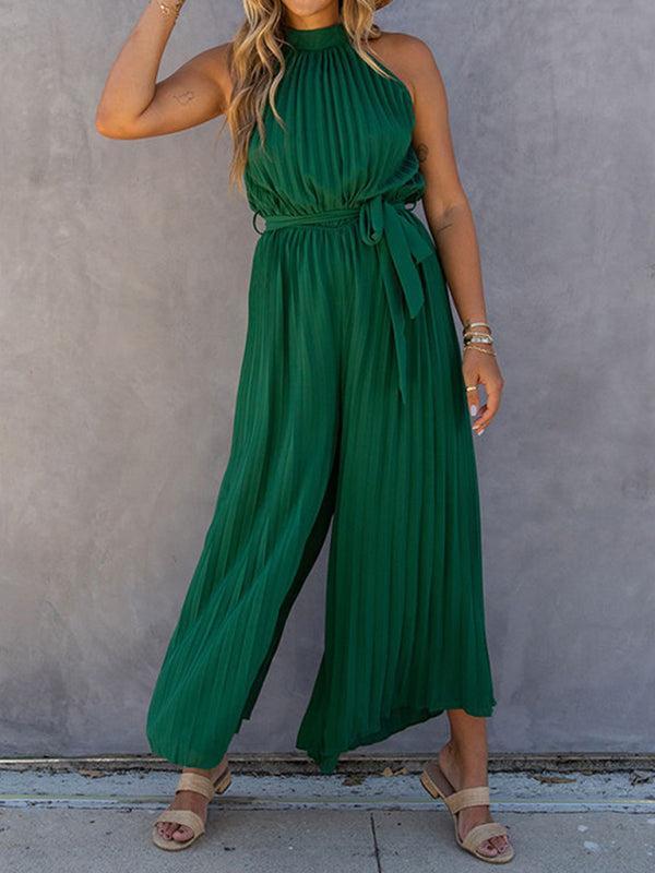 Women's Halter Neck Pleated Wide Leg Jumpsuit