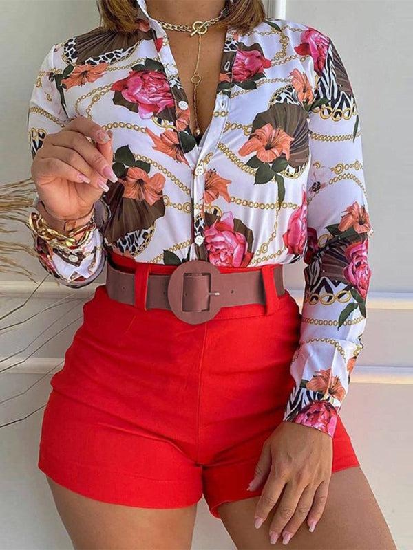 Women's Printed Shirt Stand Collar V-neck Long Sleeve Shirt With Belted Shorts Set