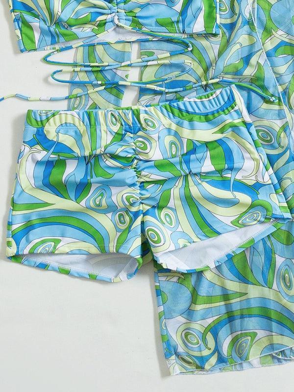 Women's Retro Swimwear Set Featuring Bikini Top, High Waist Short Bottoms and Kimono