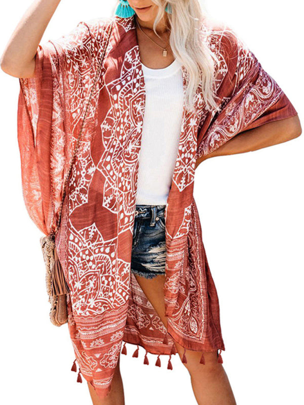 Women's Sexy Boho Print Beach Cover Up With Tassels