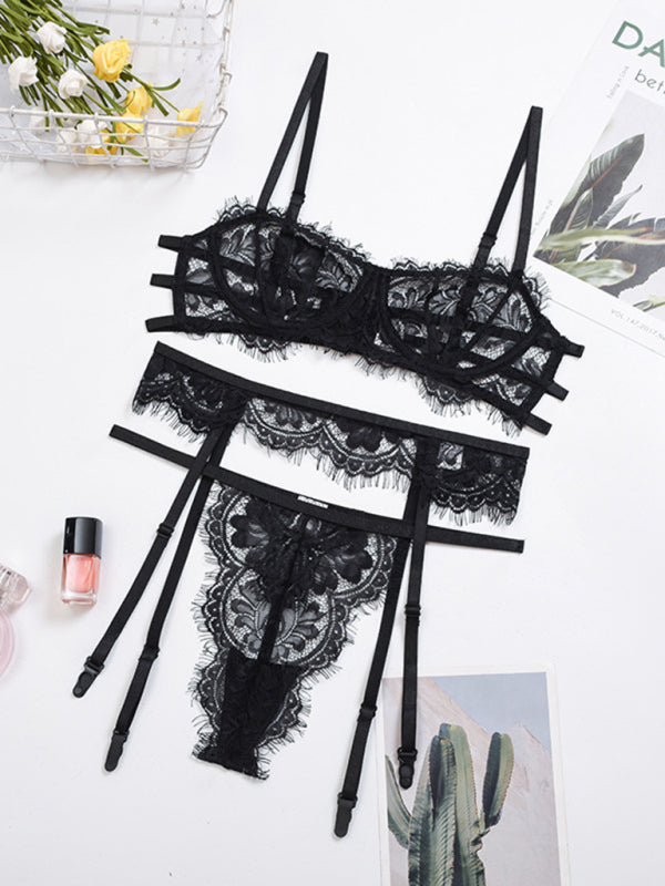 Women's Sexy Eyelash Lace Three Piece Lingerie Set