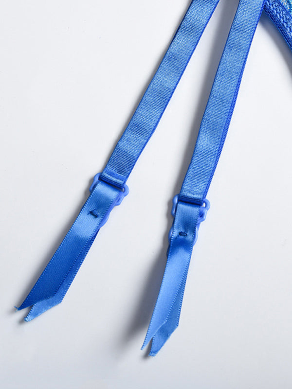 Women’s sexy sheer blue floral lace lingerie set with matching garter belt – romantic and bold