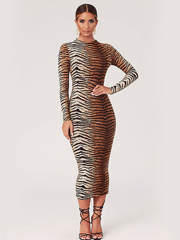 Women's Sexy Tiger Stripe Print Long Sleeve Dress