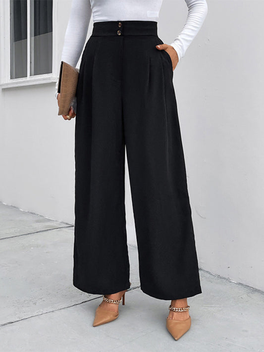 Women’s Black High-Waisted Wide Leg Trousers with Pockets