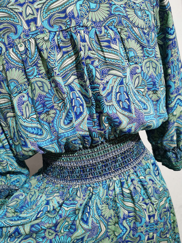 Women’s Bohemian Long Dress with Cinched Waist & 3/4 Sleeves
