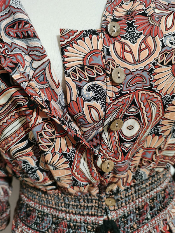Women’s Bohemian Long Dress with Cinched Waist & 3/4 Sleeves