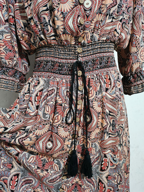 Women’s Bohemian Long Dress with Cinched Waist & 3/4 Sleeves