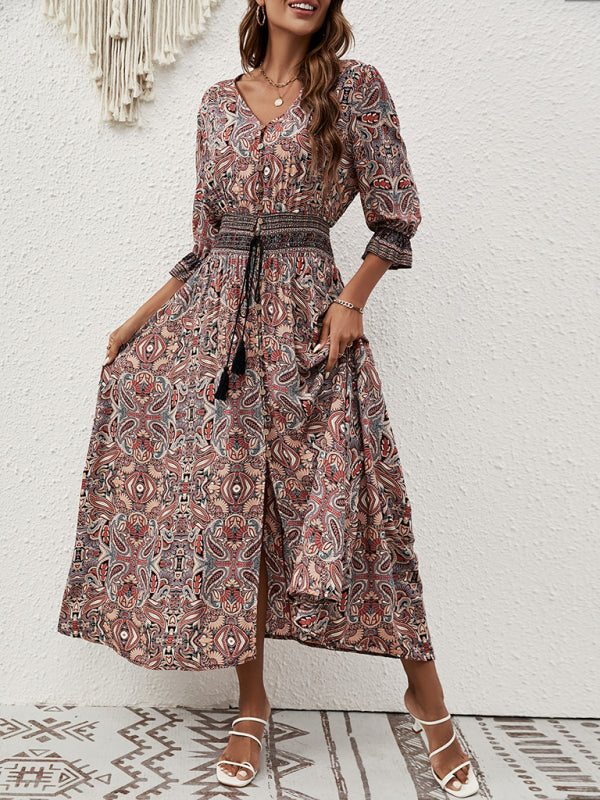 Women’s Bohemian Long Dress with Cinched Waist & 3/4 Sleeves