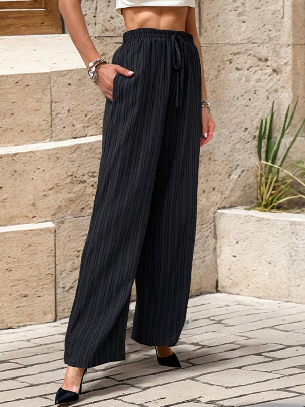 Women's Casual Pleated Textured Straight Leg Trousers Elastic Waist
