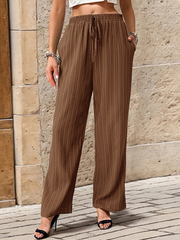 Women's Casual Pleated Textured Straight Leg Trousers Elastic Waist