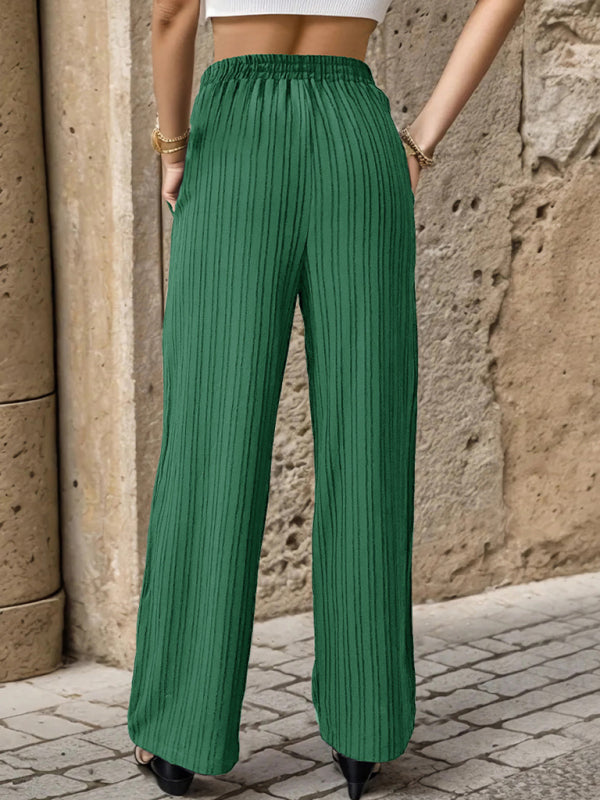 Women's Casual Pleated Textured Straight Leg Trousers Elastic Waist