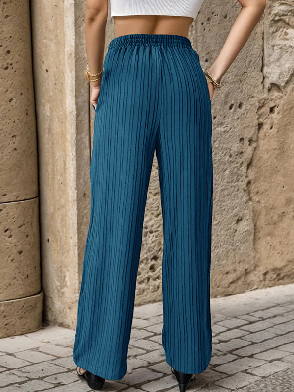 Women's Casual Pleated Textured Straight Leg Trousers Elastic Waist