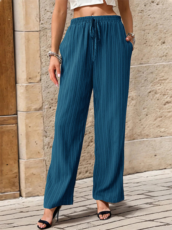 Women's Casual Pleated Textured Straight Leg Trousers Elastic Waist
