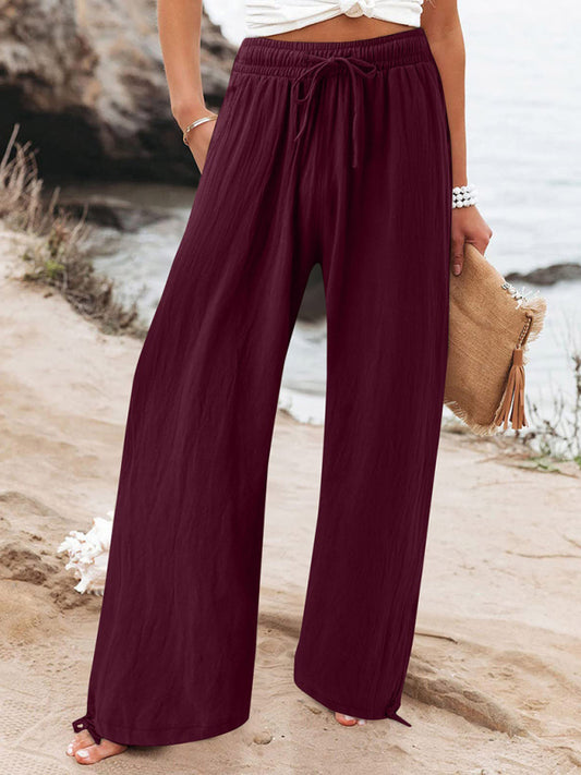 Women’s Elasticated Waist Wide Leg Trousers Solid Colour Casual Fit