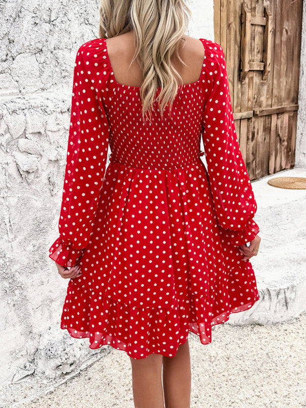 Women's Elegant Cuffed Sleeve Ruched Polka Dot Flowy Dress