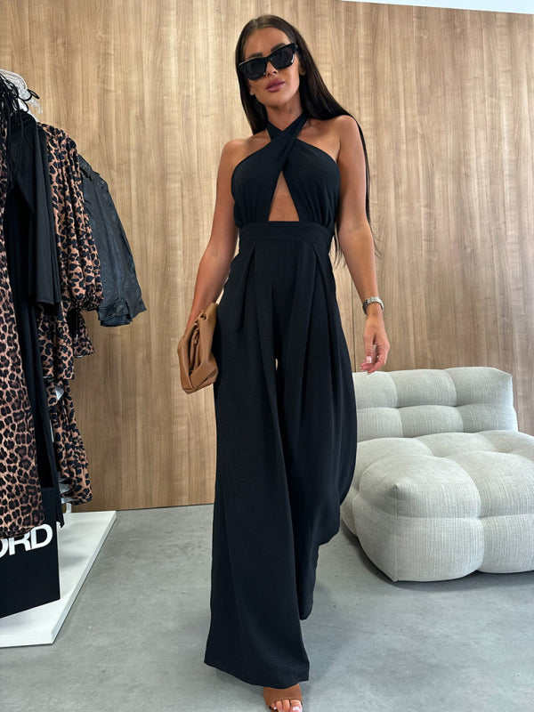 Women’s Elegant Halter Neck Cinched Waist Wide Leg Jumpsuit