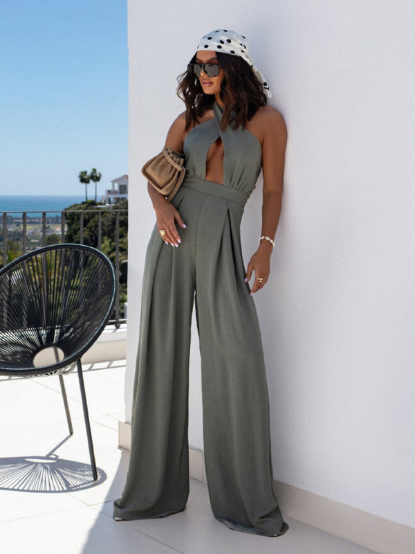 Women’s Elegant Halter Neck Cinched Waist Wide Leg Jumpsuit