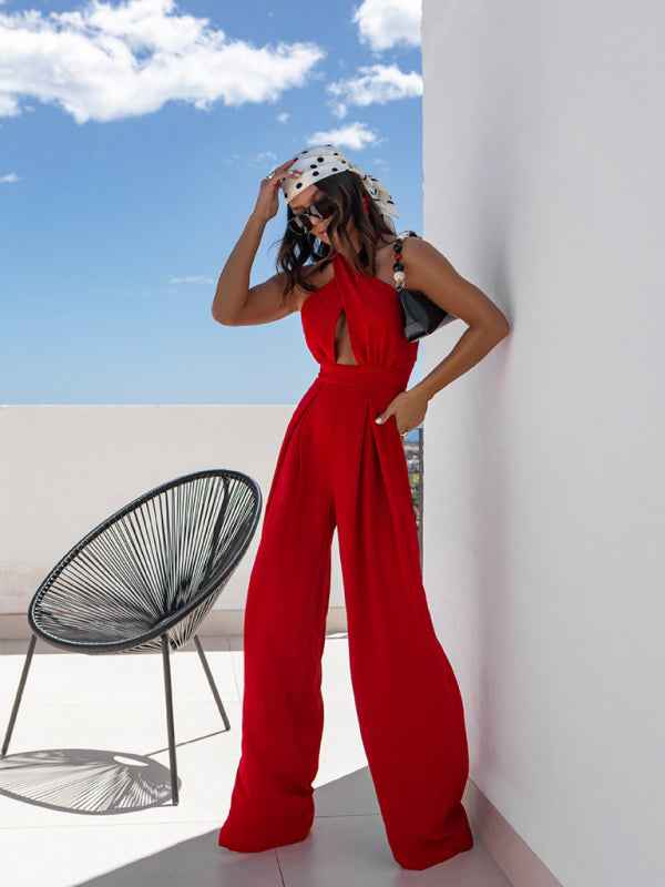 Women’s Elegant Halter Neck Cinched Waist Wide Leg Jumpsuit