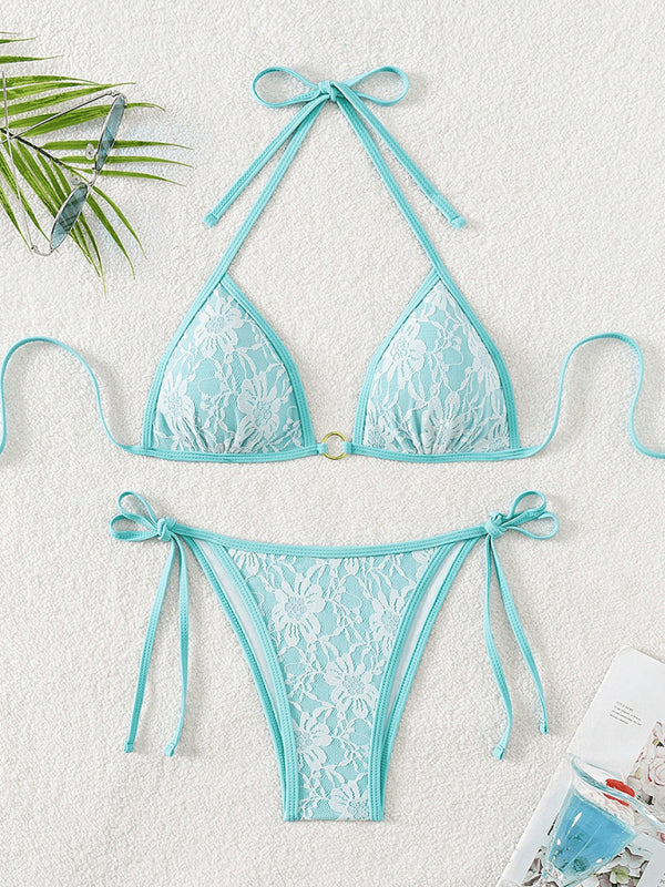 Women’s Elegant Sky Blue Halter Lace Bikini