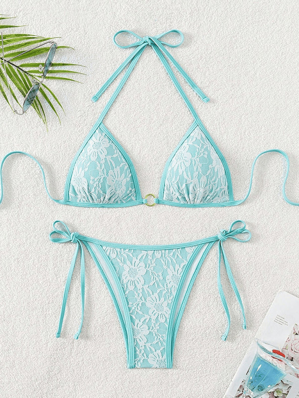 Women’s Elegant Sky Blue Halter Lace Bikini