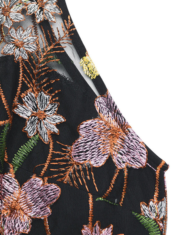 Women’s Elegant Sleeveless Floral Lace Embroidered Wide Leg Jumpsuit