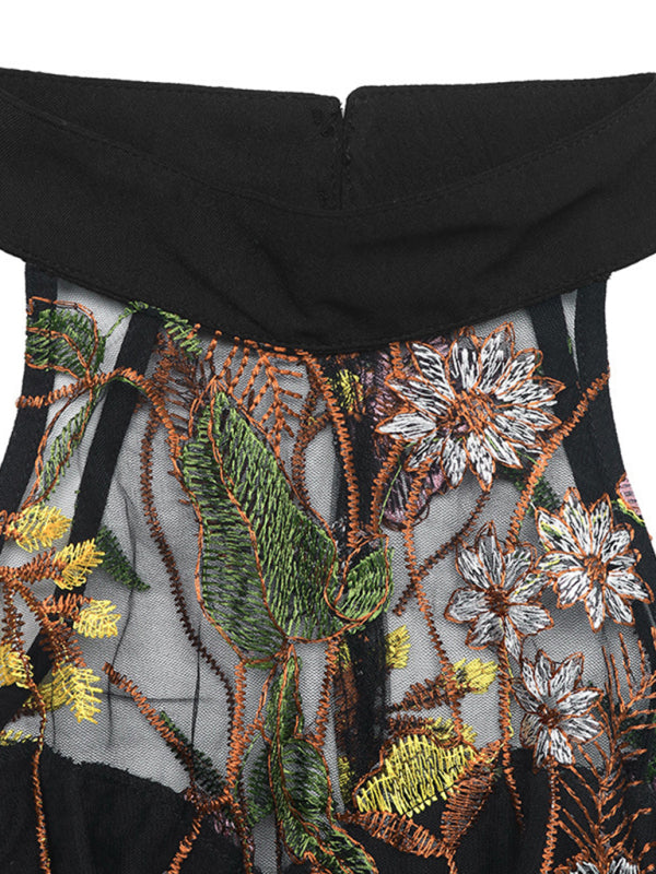 Women’s Elegant Sleeveless Floral Lace Embroidered Wide Leg Jumpsuit