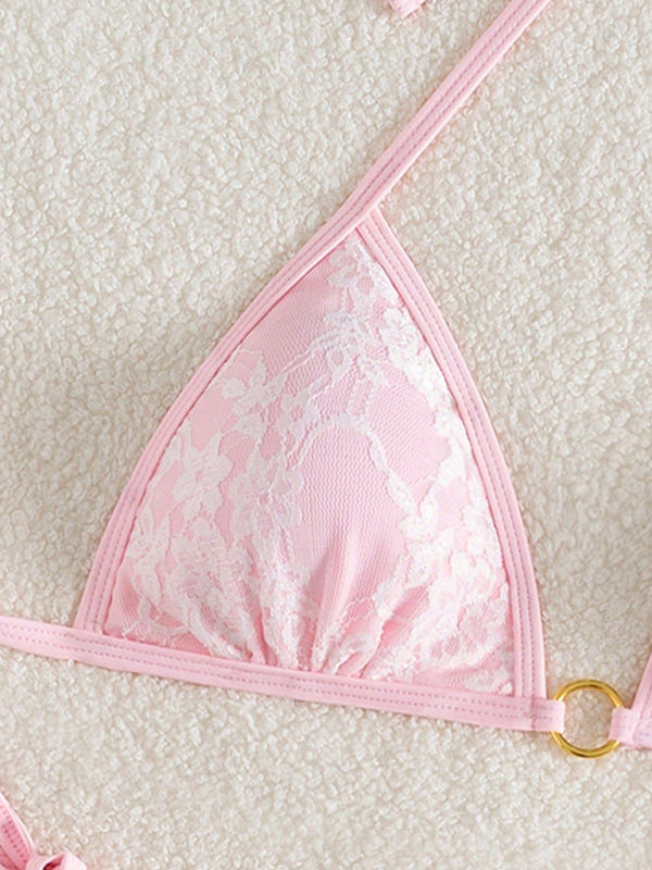 Women’s Feminine Pink & White Lace Halter Bikini