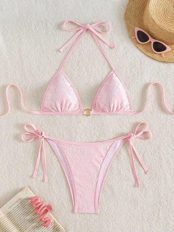 Women’s Feminine Pink & White Lace Halter Bikini