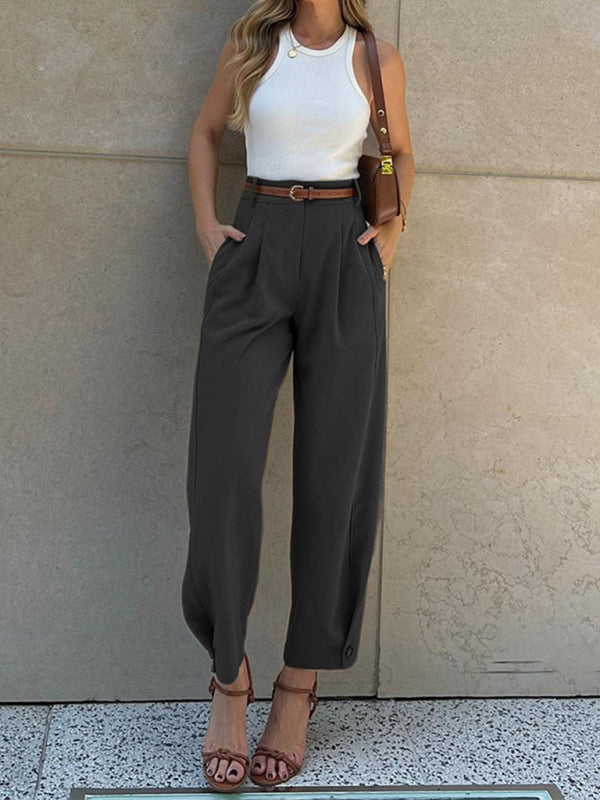 Women’s High Waist Tapered Smart Trousers Loose Fit with Button Detail