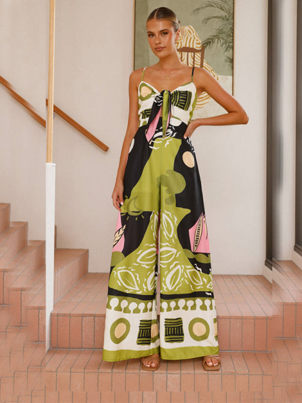 Women’s Lightweight Wide Leg Patterned Strap Jumpsuit