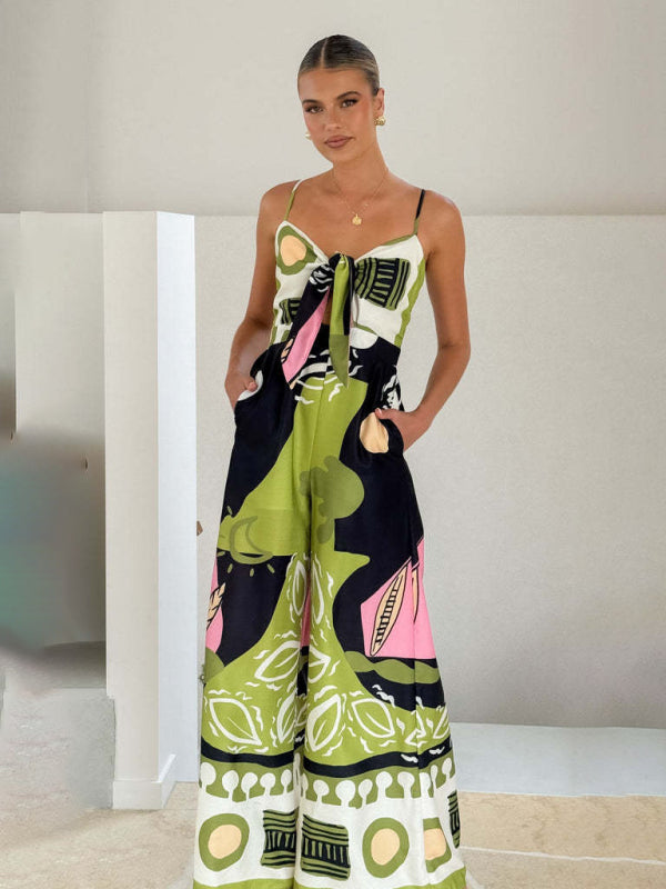 Women’s Lightweight Wide Leg Patterned Strap Jumpsuit