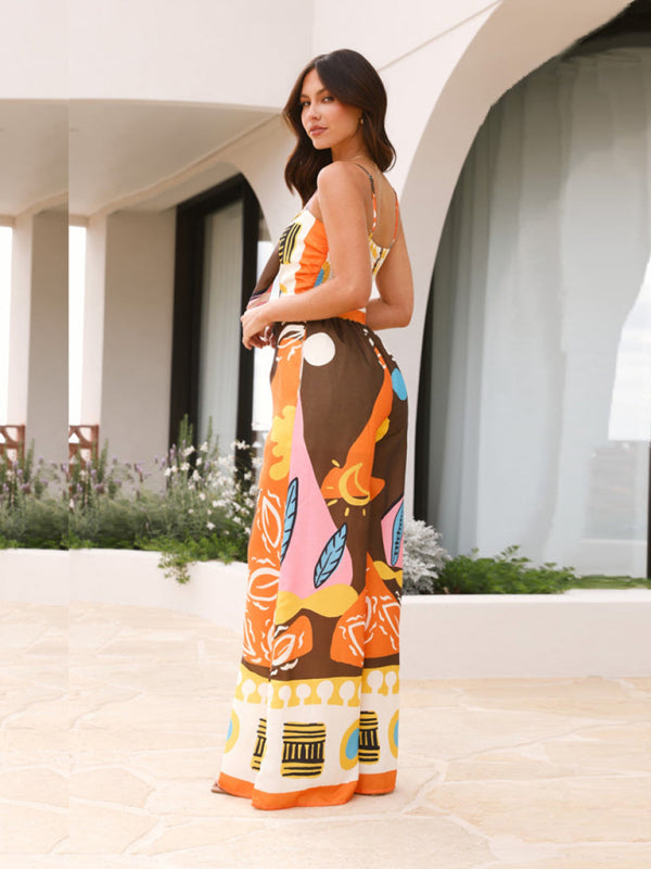 Women’s Lightweight Wide Leg Patterned Strap Jumpsuit