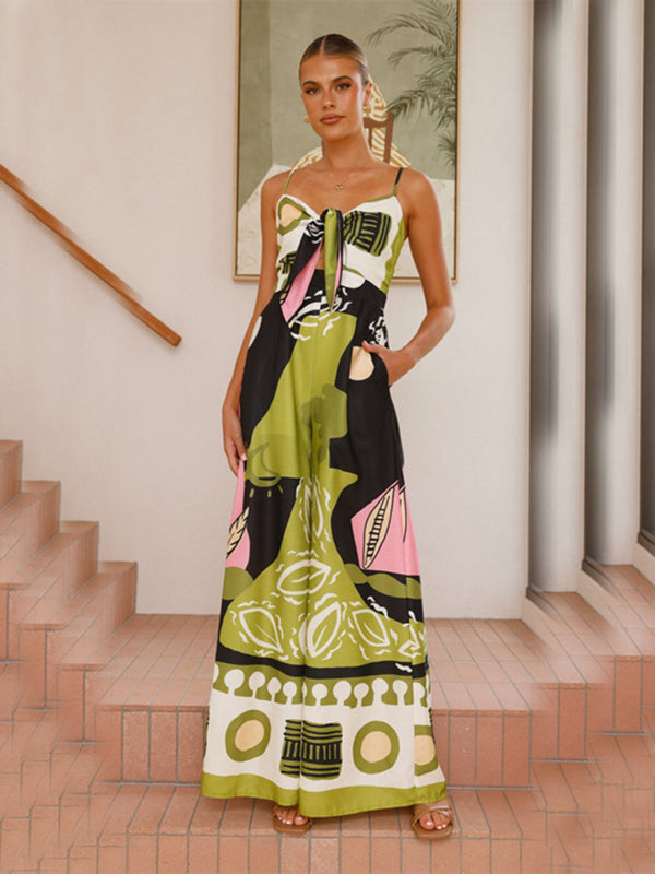 Women’s Lightweight Wide Leg Patterned Strap Jumpsuit