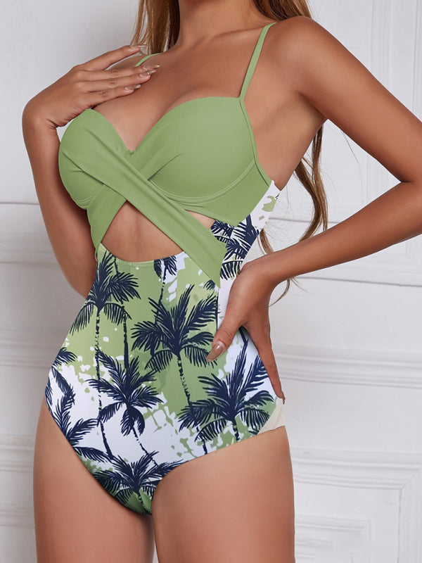 Women’s Palm Tree Print One Piece Swimsuit with Front Cut-Out Detail
