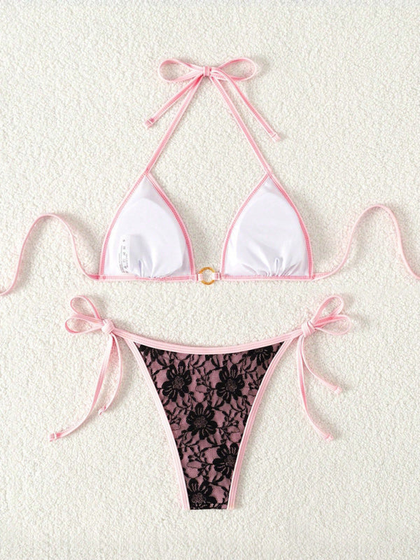 Women’s Pretty summer Black & Pink Lace Halter Bikini