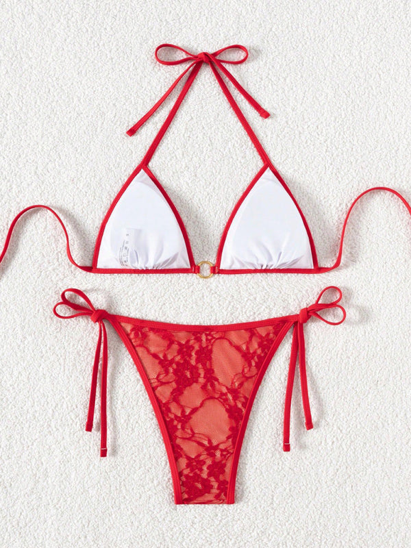 Women’s Sexy Bold Red Lace Halter Bikini