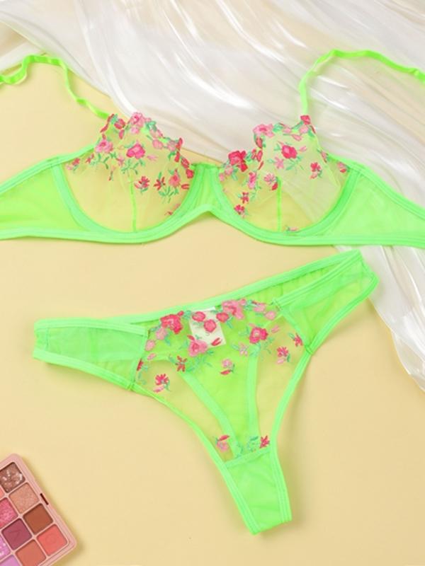 Women’s see-through floral bra and thong lingerie set – sheer and romantic