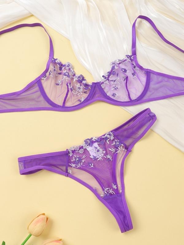 Women’s see-through floral bra and thong lingerie set – sheer and romantic