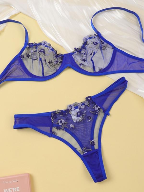 Women’s see-through floral bra and thong lingerie set – sheer and romantic