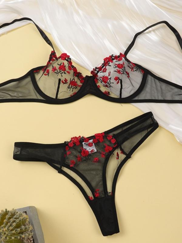 Women’s see-through floral bra and thong lingerie set – sheer and romantic